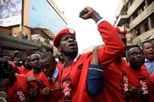A public protest in Kampala in July 2018 over the OTT tax, led by opposition politician Bobi Wine