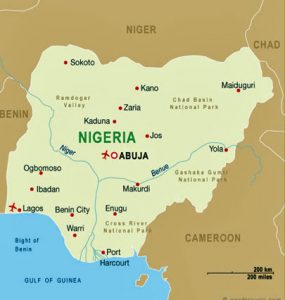 Nigeria map shows coastal locations of Lagos and Port Harcourt.