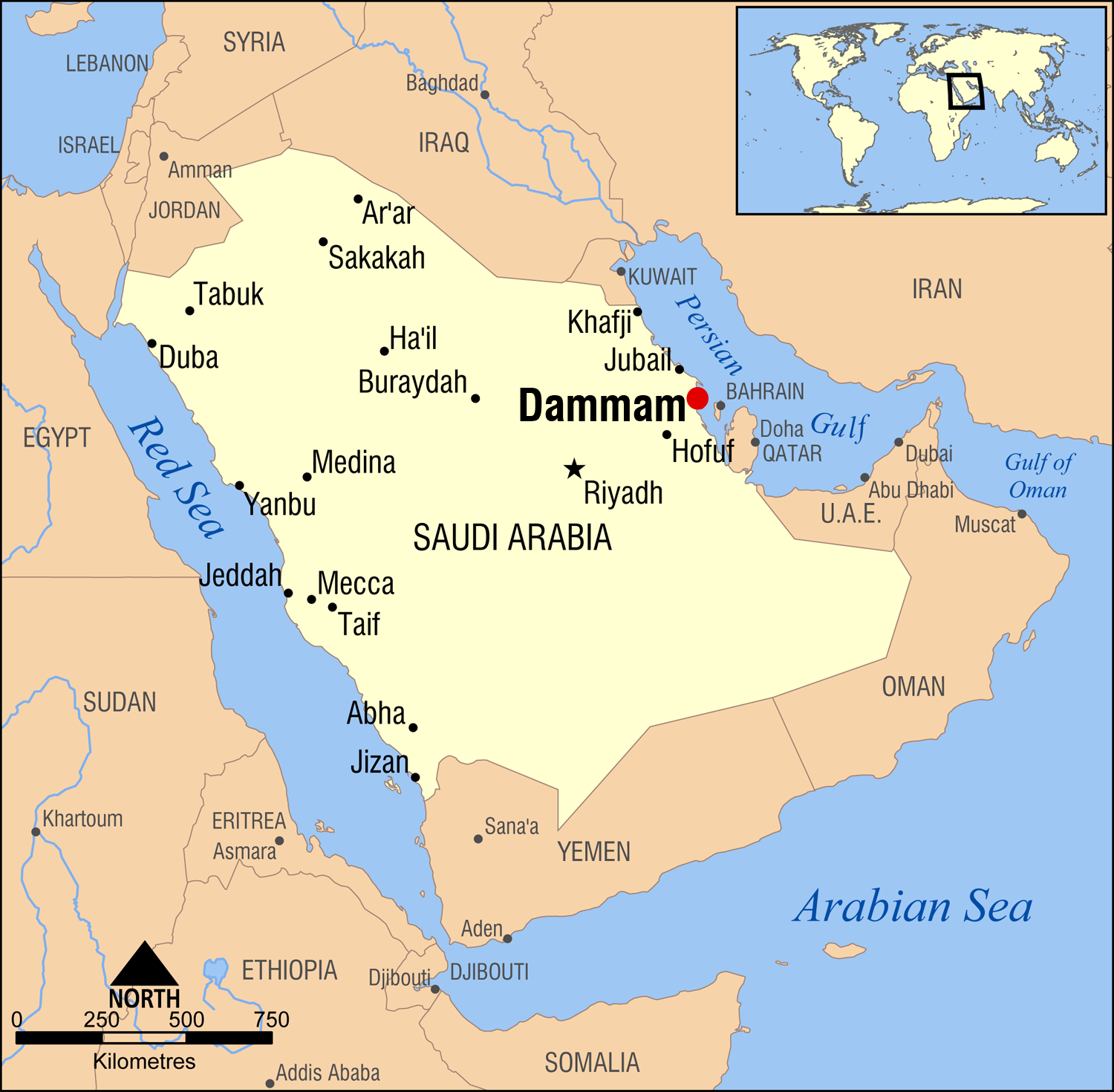 Location of Dammam in eastern Saudi Arabia (Map courtesy of Wikipedia)