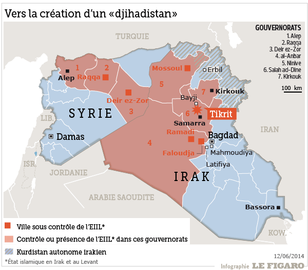 Map of the Islamic State territory in Irak and Syria (Map courtesy Le Figaro)
