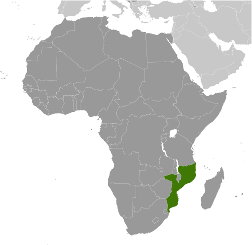 Location of Mozambique in southeast Africa.