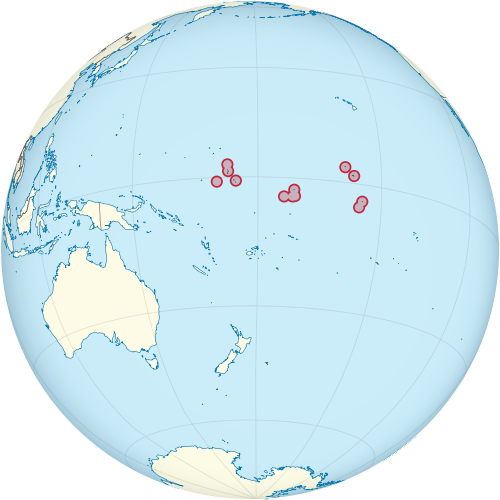 Located in the central Pacific Ocean, Kiribati consists of dozens of small islands. Their total area is about 300 square miles, with a total population of about 100,000 people. (Map courtesy of Wikipedia)