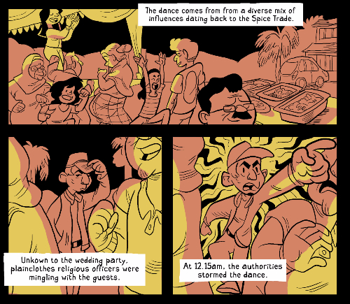 Scenes from cartoonist Kazimir Lee Iskander's graphic account of 17 arrests of trans Malaysians in 2014. (Image courtesy of Slate.com) Click image to view the full account.