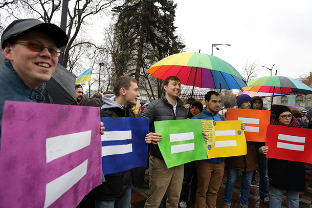 Protesters on Nov. 10 in Kiev push for a ban on discrimination against LGBT people in the workplace. (Photo by Anastasia Vlasova courtesy of Kyiv Post)