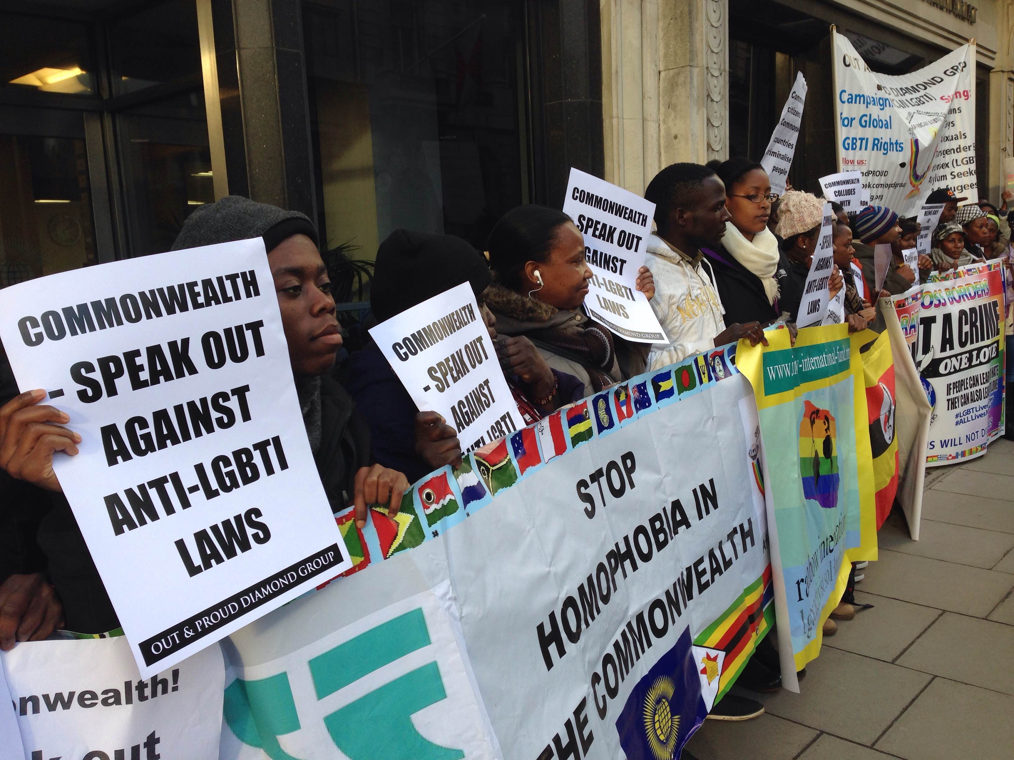 Protesters line up in London on Nov. 25, seeking repeal of anti-homosexuality laws throughout the Commonwealth. (Photo courtesy of Peter Tatchell Foundation)