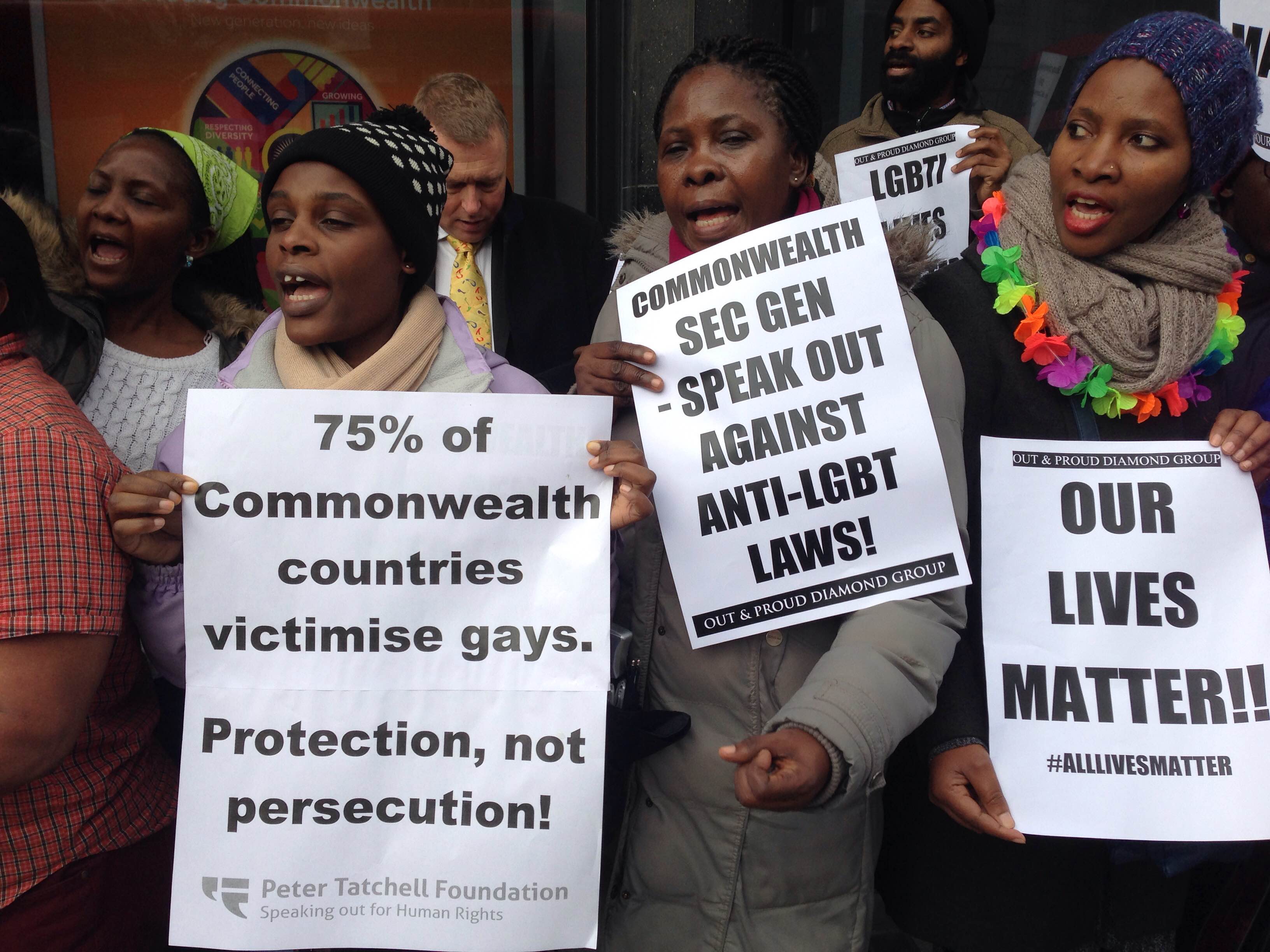 Demonstrators ralliy outside the London headquarters of the Commonwealth on Nov. 25, seeking repeal of anti-homosexuality laws. (Photo courtesy of Peter Tatchell Foundation)
