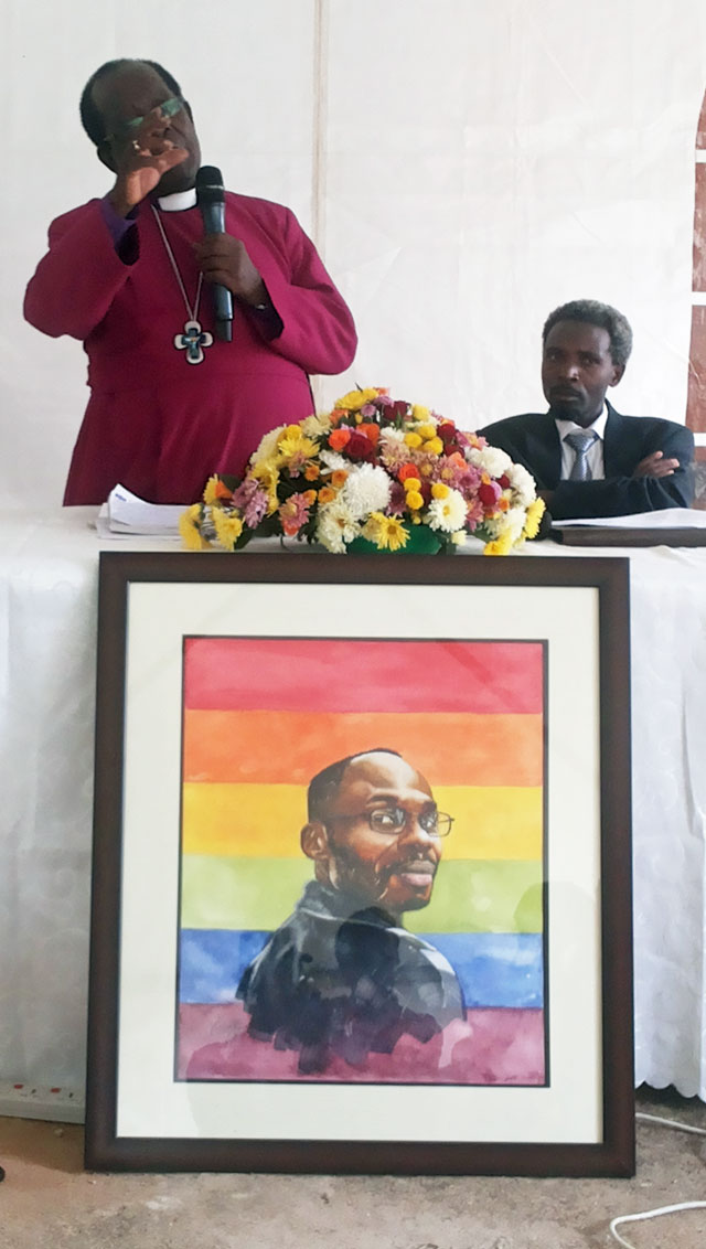 Bishop Christopher Ssenyonjo leads memorial service for David Kato on the fifth anniversary of his murder. (Photo by Kikonyogo Kivumbi)