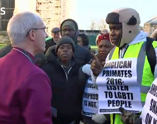 Archbishop of Canterbury Justin Welby met briefly with LGBTI protesters and also apologized for pains that the Anglican Communion has caused for LGBTI people. (Photo courtesy of ITV)