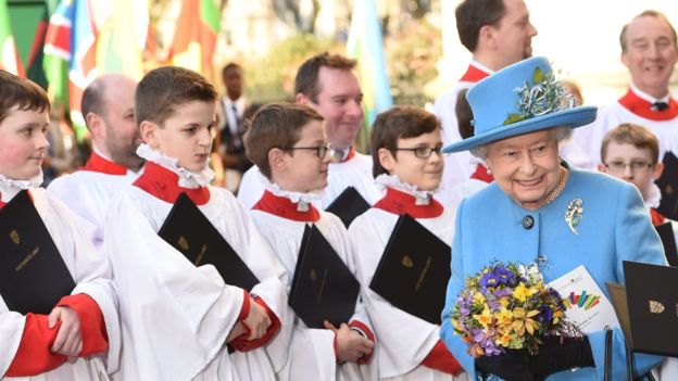 Queen Elizabeth during Commonwealth Day ceremonies at Westminster Abbey in London (Photo courtesy of the BBC)