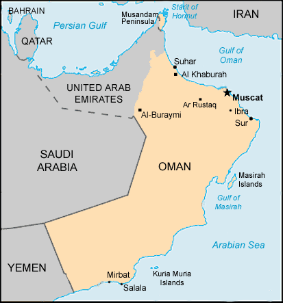 Location of Oman at the eastern tip of the Arabian Peninsula, along with Yemen, the United Arab Emirates and Qatar. (Map courtesy of international.gc.ca)