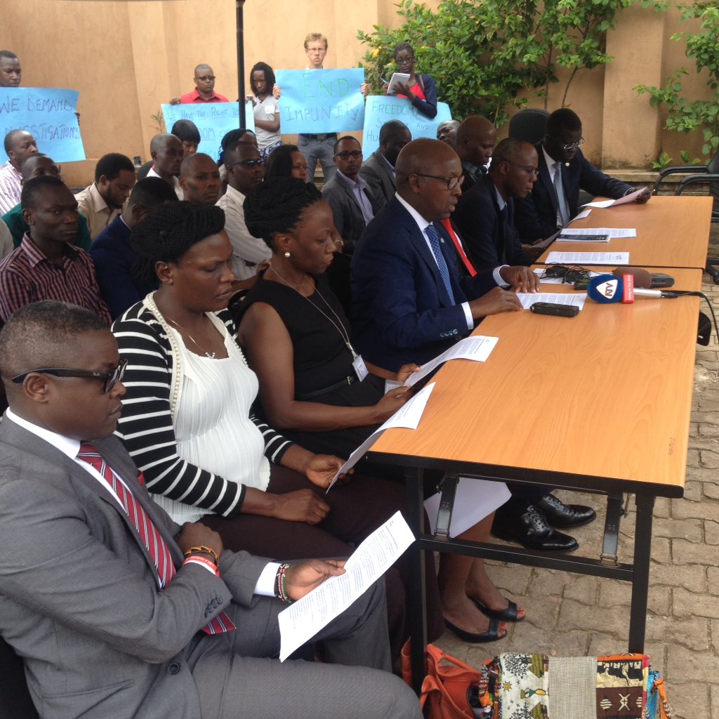 Press conference on May 23 denounces break-ins targeting human rights organizations in Uganda. (Photo courtesy of Hassan Shire via Twitter)
