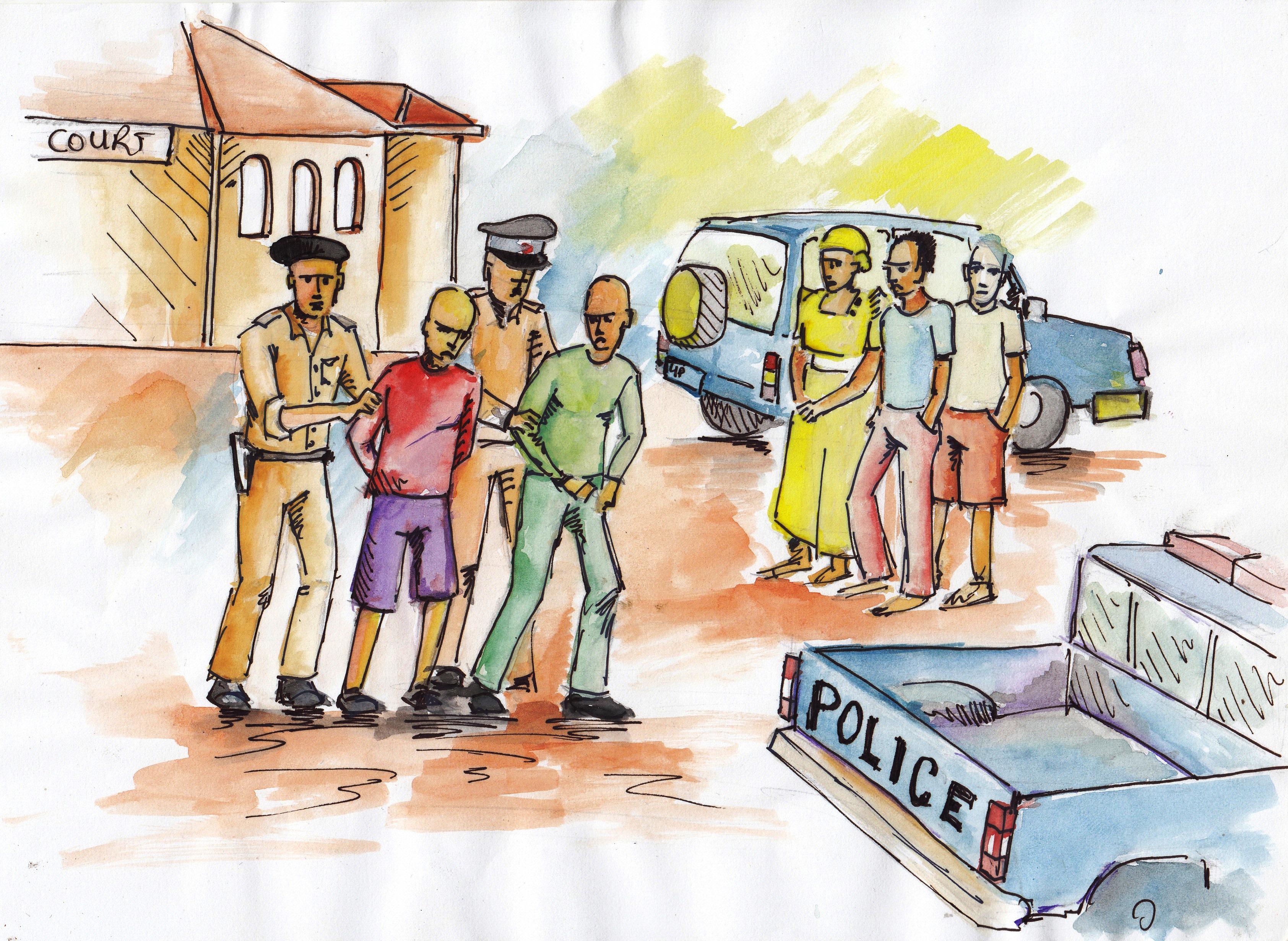 Police still arrest LGBTI Ugandans, despite the nullification of the Anti-Homosexuality Act of 2014. (Artwork by Vincent Kyabayinze)