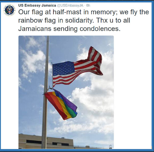 The U.S. Embassy in Jamaica flew the U.S. flag at half-staff, accompanied by a rainbow flag.