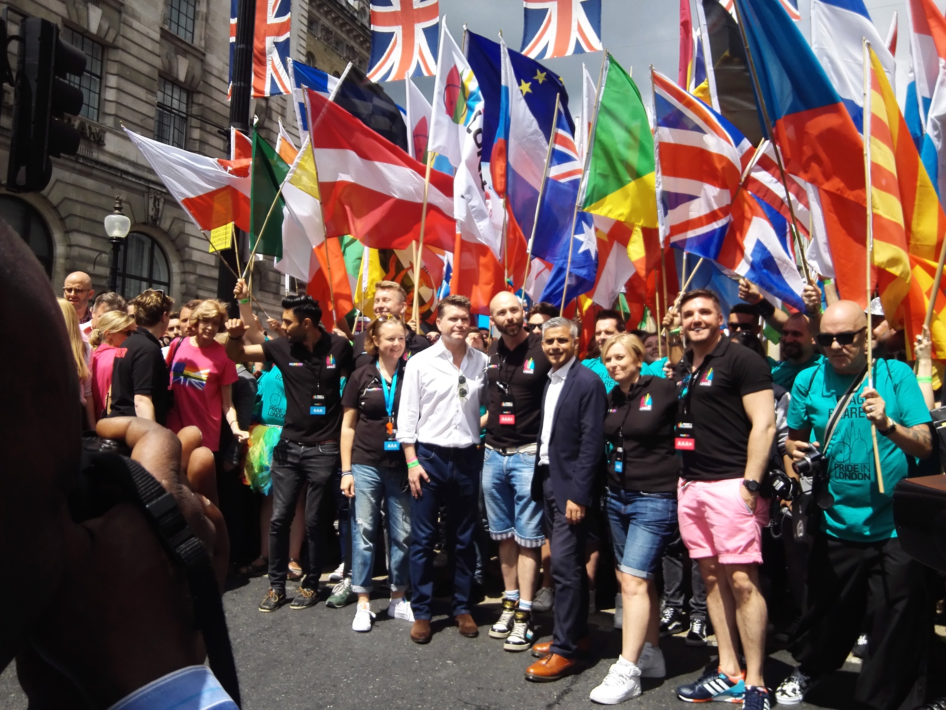 London Mayor Sadiq Khan and U.S. Ambassador Matthew Barzun were at the front of the London Pride parade. (Photo courtesy of OPDG)