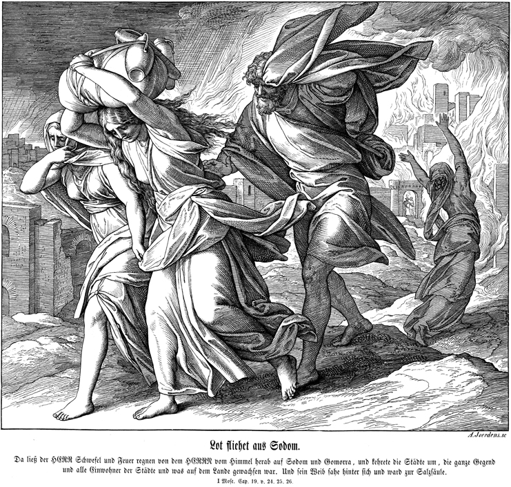 In a 19th century woodcut based on the Biblical story of Sodom and Gomorrah, Lot and his family flee from Sodom. On the right, Lot's wife looks back and soon will be turned into a pillar of salt. (Image courtesy of emory.edu)