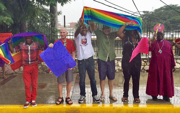 Protest for LGBTI rights in Jamaica included Andrew Beckerman and Bishop Christopher Senyonjo. (Maurice Tomlinson photo)