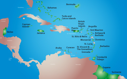Map of the Caribbean shows Guyana at lower right and Jamaica at center left. (Map courtesy of Caribbean Association of Pharmacists)