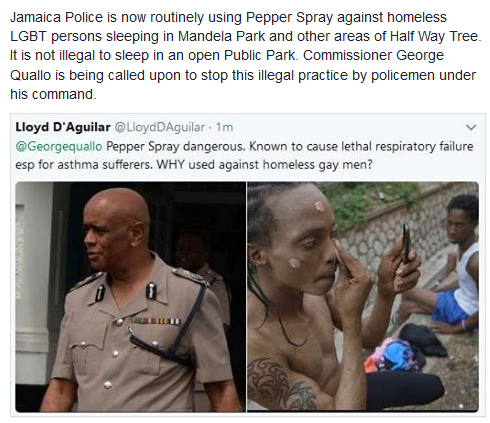 On Twitter, Lloyd d'Aguilar appeal to Commissioner of Police George Quallo to put an end to police violence against homeless people in Kingston, Jamaica.