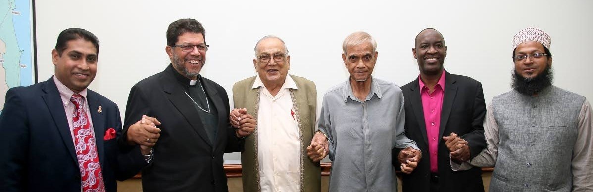 Representing their religions at a meeting in Port of Spain, Trinidad, to speak against same-sex marriage are (from left) Winston Mansingh of the Faith Based Network, Roman Catholic Archbishop Jason Gordon, Maha Sabha secretary general Satnarayan Maharaj, ASJA head Yacoob Ali, Desmond Austin of the Evangelical Council and Mufti Mohammed Haque. (Azlan Mohammed photo courtesy of Trinidad Newsday)