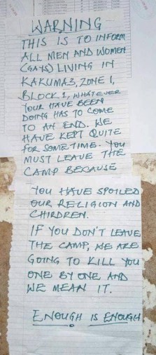 In June, this sign warned LGBTI refugees at Kakuma Camp in Kenya that they would be killed if they remained in the camp. “If you don’t leave the camp, we are going to kill you one by one.” (Photo courtesy of Refugee Flag Kakuma)