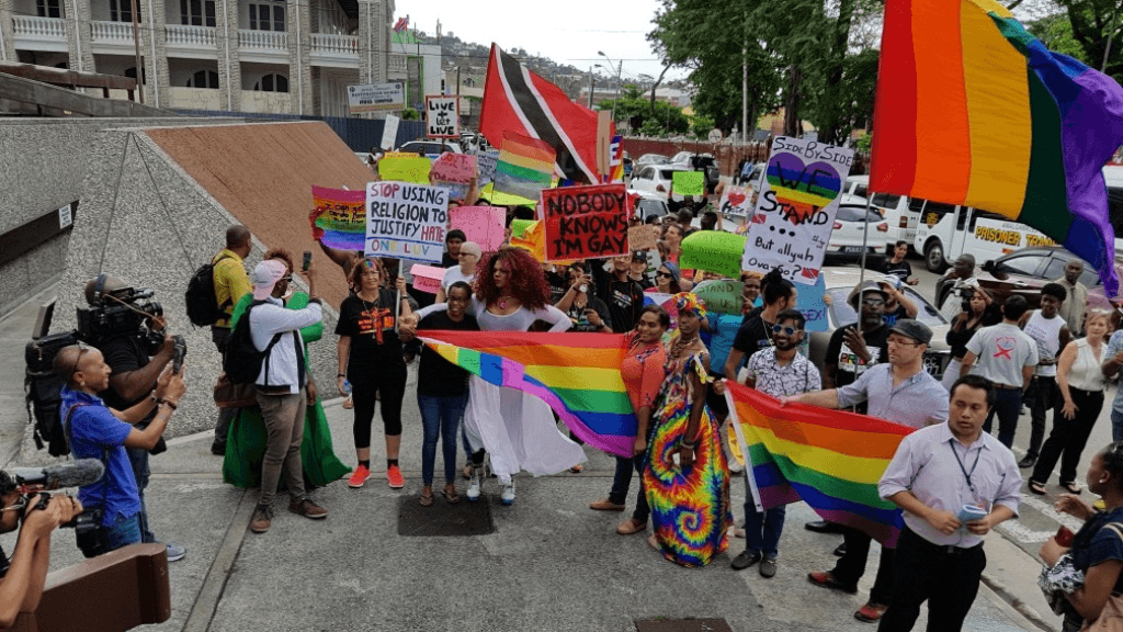 LGBTI rights advocates in Trinidad celebrate court ruling overturning that country's anti-sodomy law. (Photo courtesy of LoopTT.com)