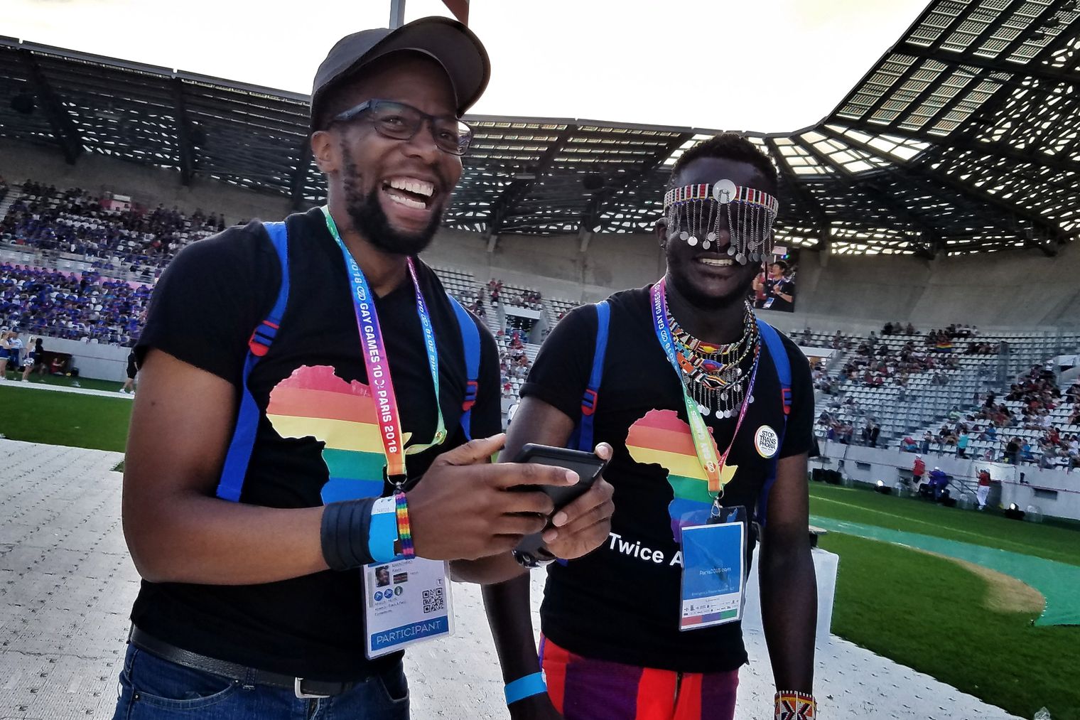 Kevin Mwachiro (left) and Kelvin Washiko at the Gay Games in Paris. (Cyd Zeigler photo courtesy of OutSports.com)
