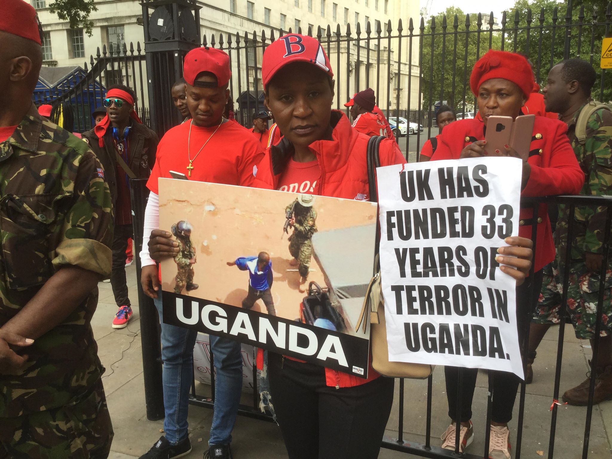 Protesters in London demand an end to repression in Uganda and the release of singer and opposition politician Robert Kyagulanyi, whose stage name is Bobi Wine. (Photo courtesy of the African Equality Foundation)