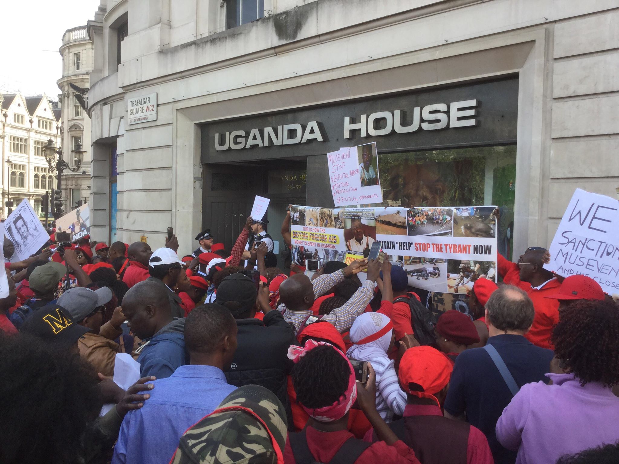 Protesters outside Uganda House in London on Aug. 23 demand an end to repression in Uganda and the release of singer and opposition politician Robert Kyagulanyi, whose stage name is Bobi Wine. (Photo courtesy of the African Equality Foundation)