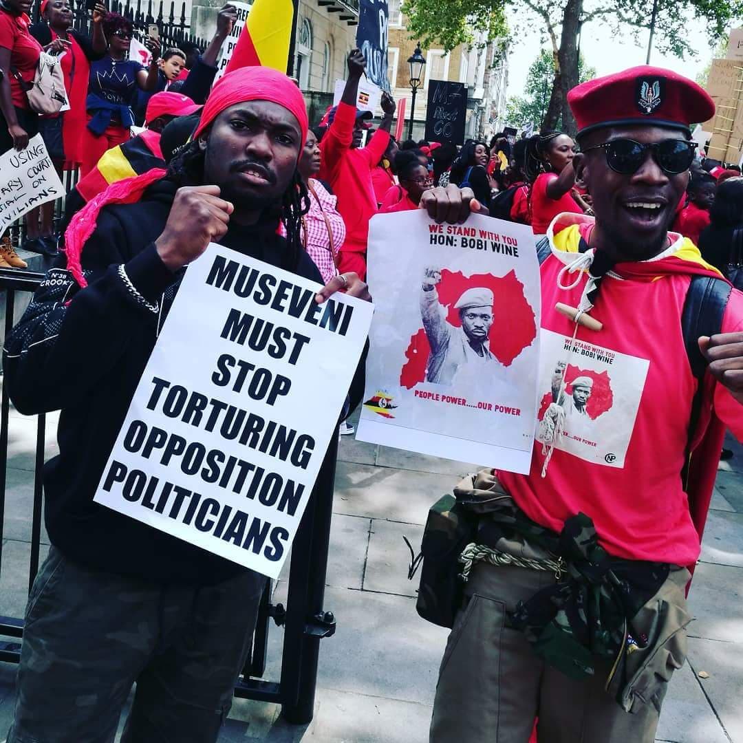 Protesters in London demand an end to repression in Uganda and the release of singer and opposition politician Robert Kyagulanyi, whose stage name is Bobi Wine. (Photo courtesy of the African Equality Foundation)
