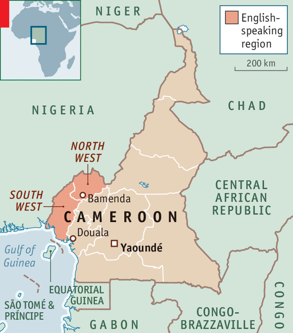 Bamenda is located in the English-speaking northwest region of Cameroon. (Map courtesy of Economist.com)