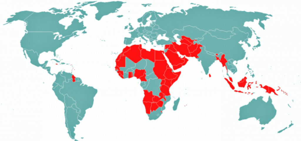 Map of the 73 countries with laws against sexual relations between people of the same sex.