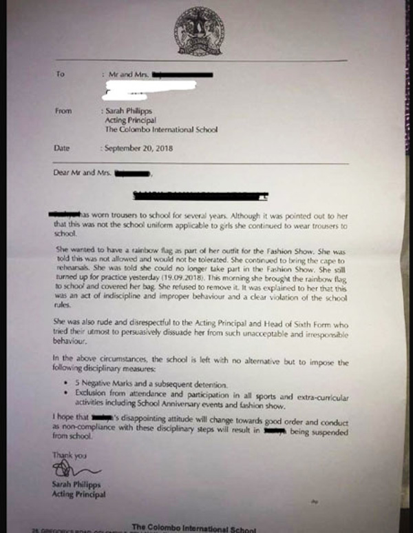 This letter, signed by Acting Principal Sarah Philipps, a British national, was sent to Saakya’s parents. (Photo courtesy of the Colombo Telegraph)