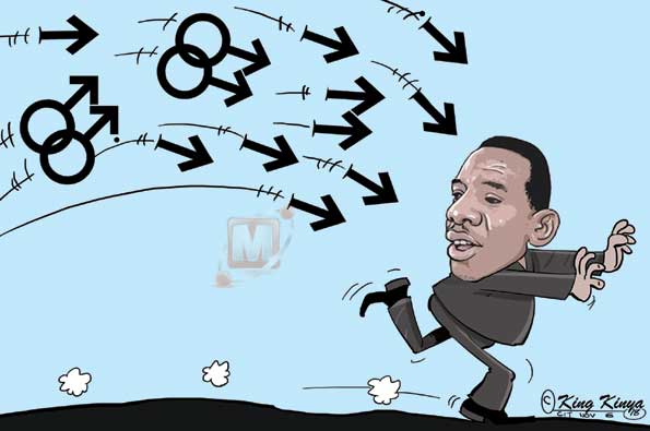 In a Tanzanian editorial cartoon, fleeing Dar es Salaam regional commissioner Paul Makonda is under attack from gays and straight arrows. (Cartoon courtesy of The Citizen)