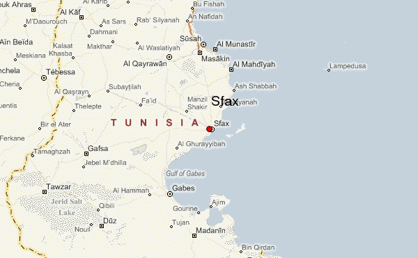 The city of Sfax is located in the middle of Tunisia's east coast. (Map courtesy of Weather-Forecast.com)