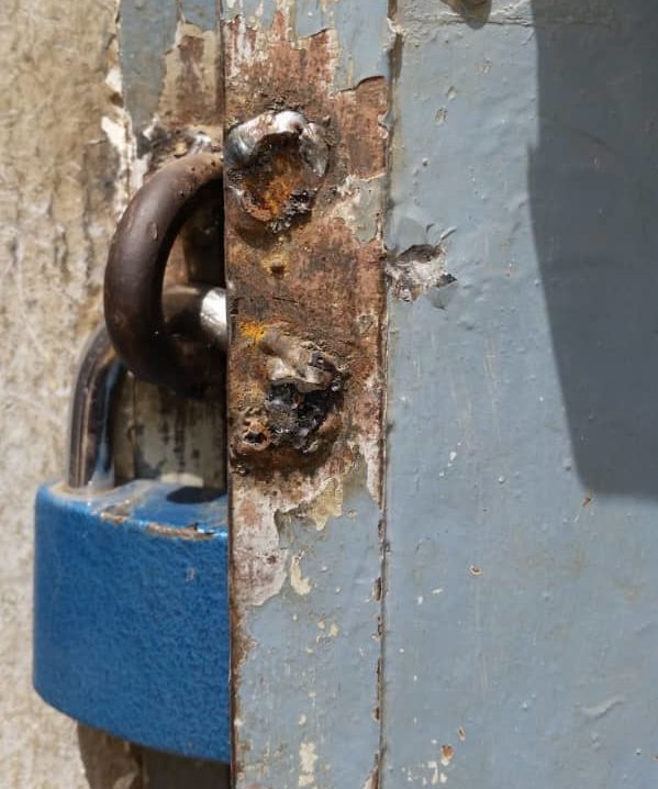 Vandals pried their way through the front door of AJSG's office in Garoua. (Photo courtesy of AJSG)