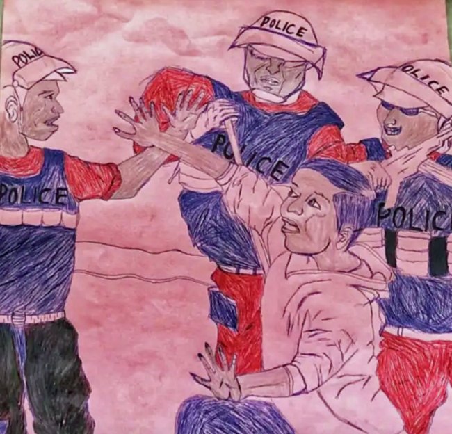 Drawing by gay Ugandan refugee depicted brutality inflicted by Kenyan police.