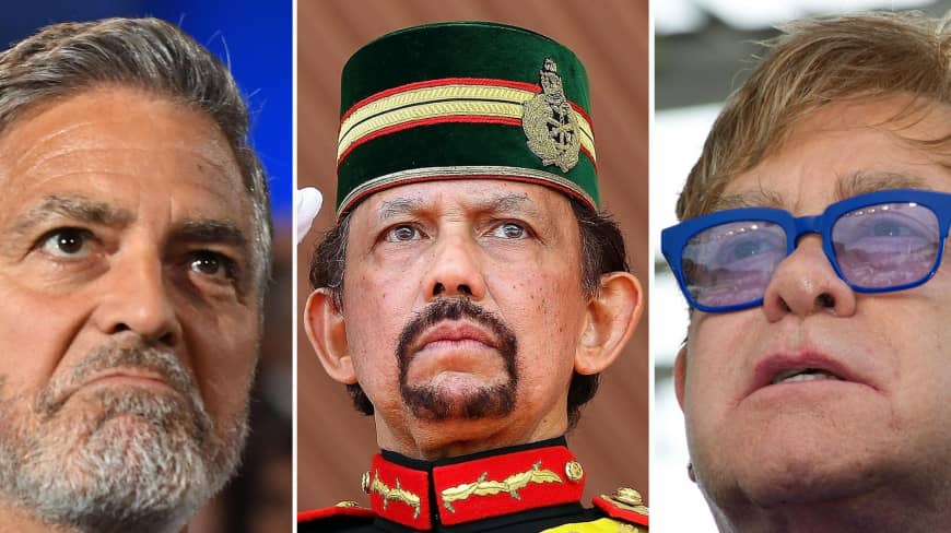 Celebrities George Clooney and Elton John (left and right), are boycotting hotels controlled by the Sultan of Brunei Hassanal Bolkiah (center). (Photo combination courtesy of Japan Times)