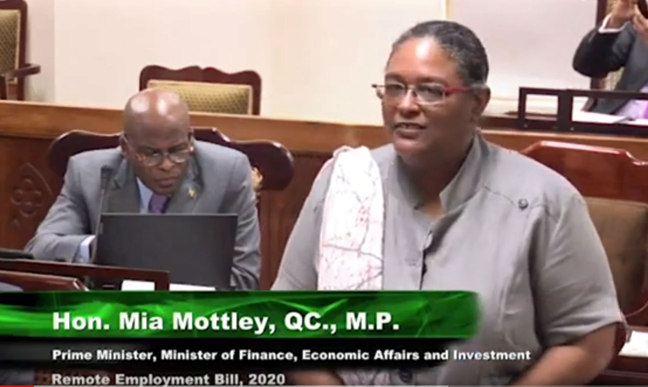 Barbados Prime Minister Mia Mottley tells parliament that "all are welcome" in the "Welcome Stamp" program. (Photo courtesy of YouTube)