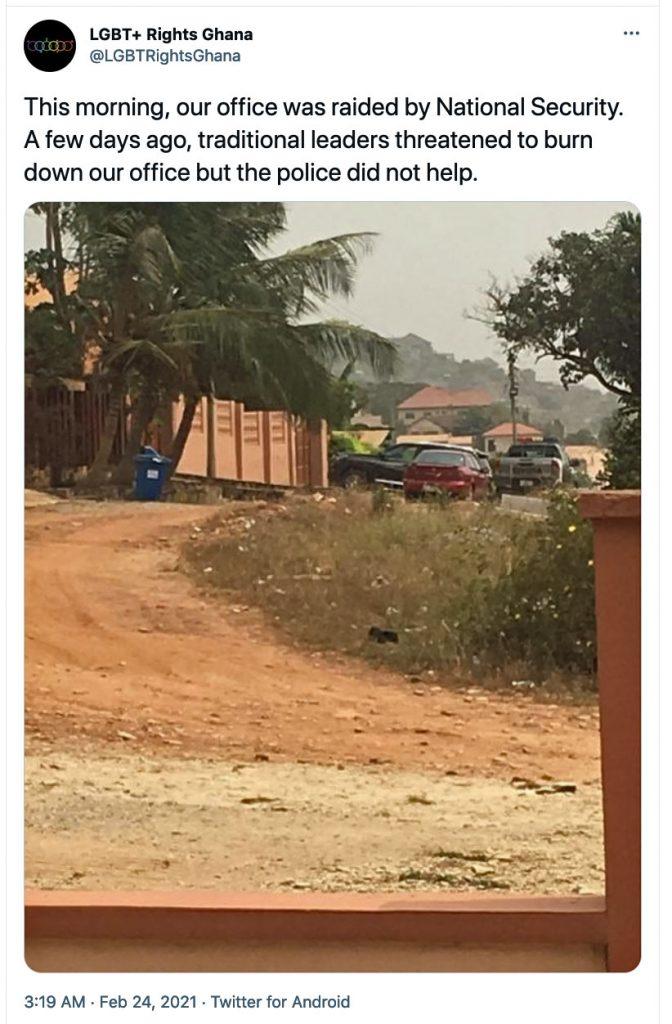 This tweet by LGBT+ Rights Ghana announced the police raid on its new safe house and offices.