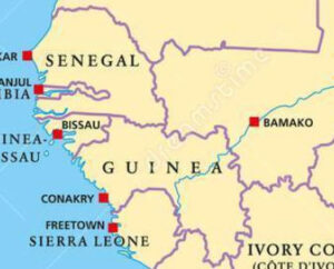 Map of a portion of West Africa shows the locations of Senegal (upper left) and Ivory Coast (lower right).