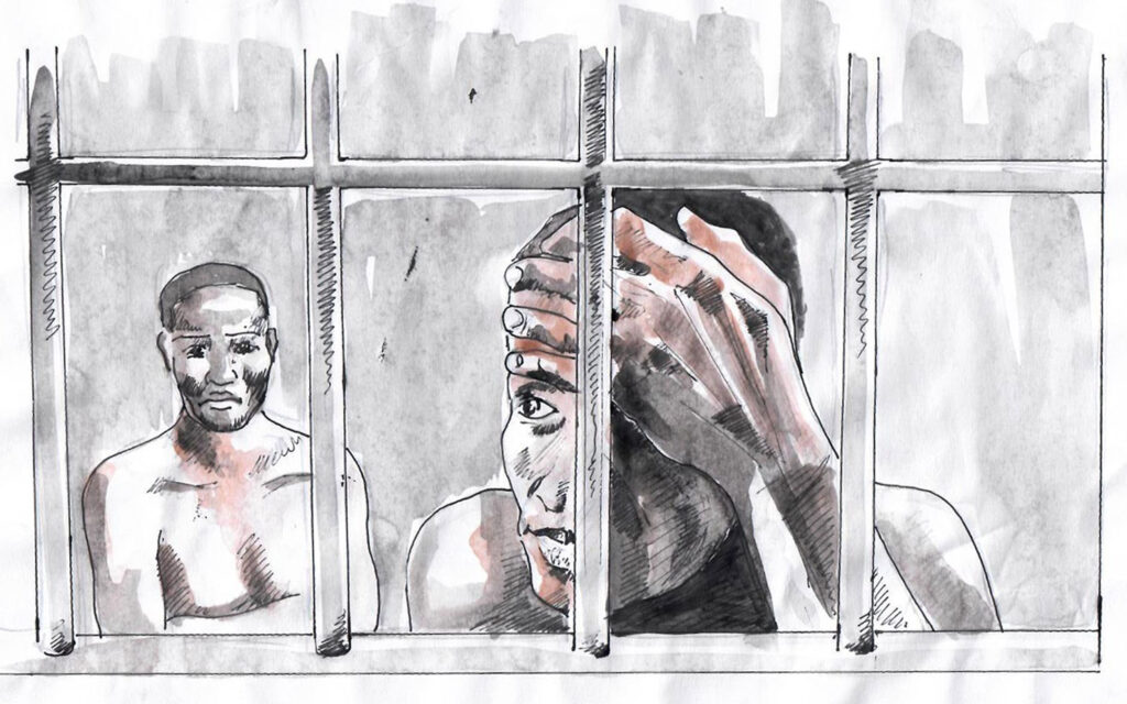 Illustration depicts Evan and Kane, who were freed early from prison in May because donors contributed money to pay their fines. (Illustration by Vincent Kyabayinze, East Africa Visual Artists / EAVA Artists)