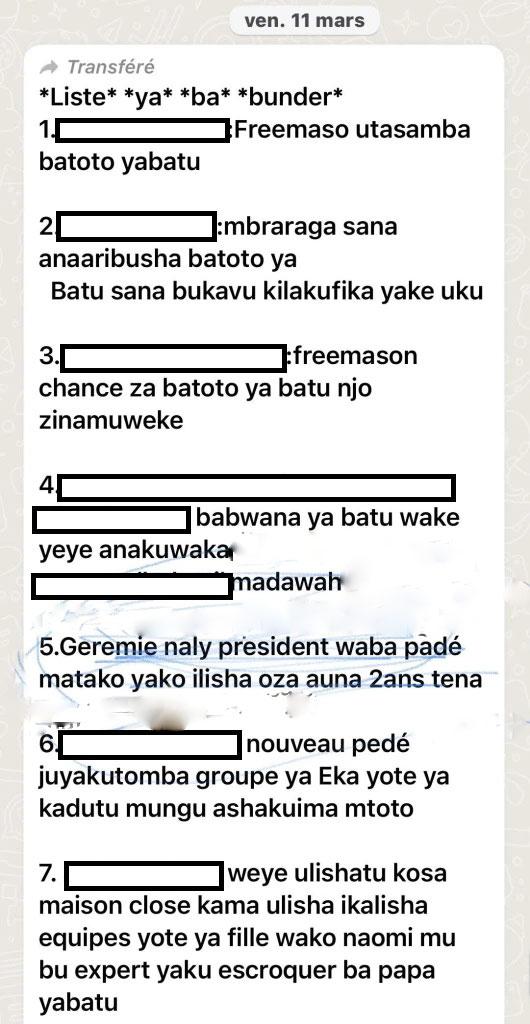 <strong>Lists of LGBTI people circulate in Swahili in the Bukavu region. (Item 5 threatens Jeremie Safari -- "All your buttocks are gone. You have no more than two years to live on Earth. You have tortured the children of men..")</strong>