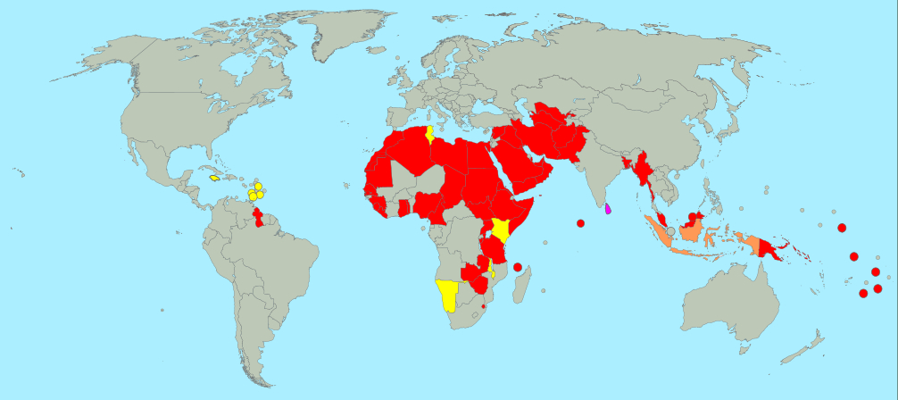 Map of the 66 countries where sexual relations between people of the same sex are illegal. YELLOW countries have sodomy laws that are currently being challenged before local courts. Sri Lanka, in PINK, currently has a bill before its parliament to repeal its sodomy law. Indonesia, in ORANGE, has laws that criminalize homosexuality only in some subnational jurisdictions. All states in RED have nationwide sodomy laws and no known efforts to remove them. 