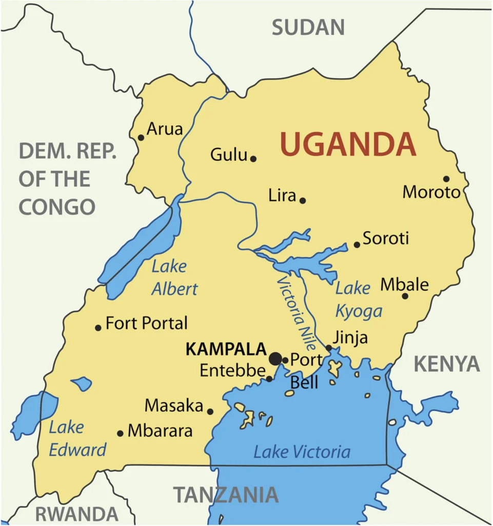 Uganda map shows Jinja east of Kampala on the shores of Lake Victoria. (Map courtesy of Mappr)