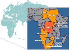 Map of southern Africa shows the locations of the Democratic Republic of the Congo and Uganda. (Map courtesy of the BBC)