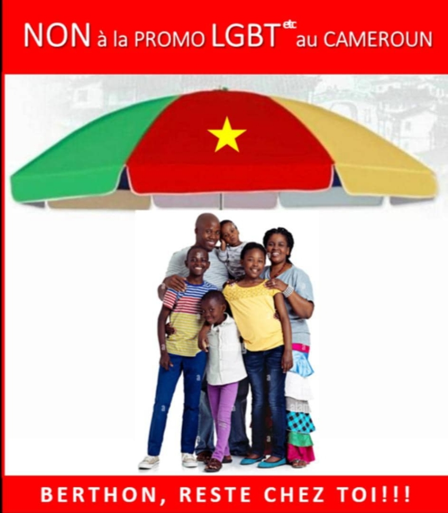 Cameroonian poster protests the visit of Jean-Marc Berthon, claiming that he promotes LGBT activity and implying that he encourages pedophilia.