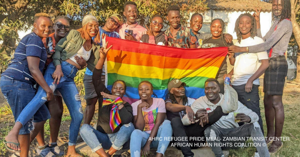 Refugees at the Makeni Transit Center in Zambia celebrate Pride. (Photo courtesy of the African Human Rights Coalition)