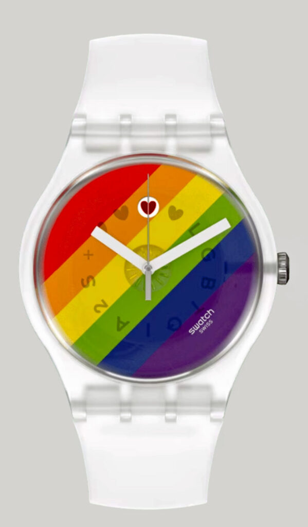 Pride model of a Swatch watch -- outlawed in Malaysia.