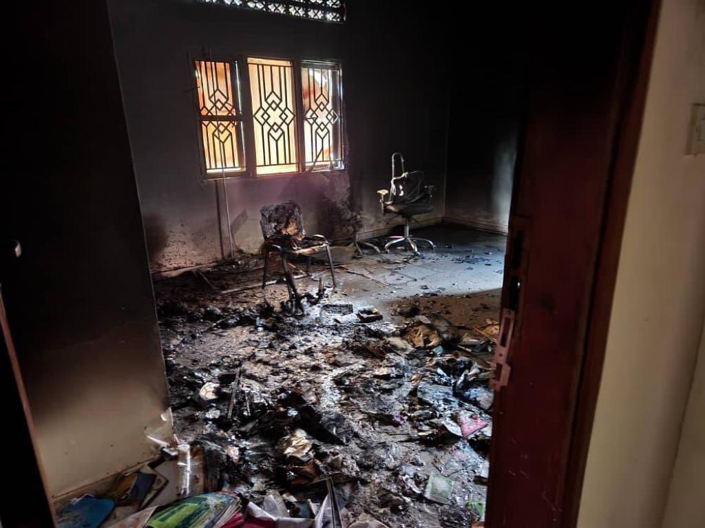 Office of TranzNetwork after the attack. (Photo courtesy of Chapter Four Uganda/X (Twitter)