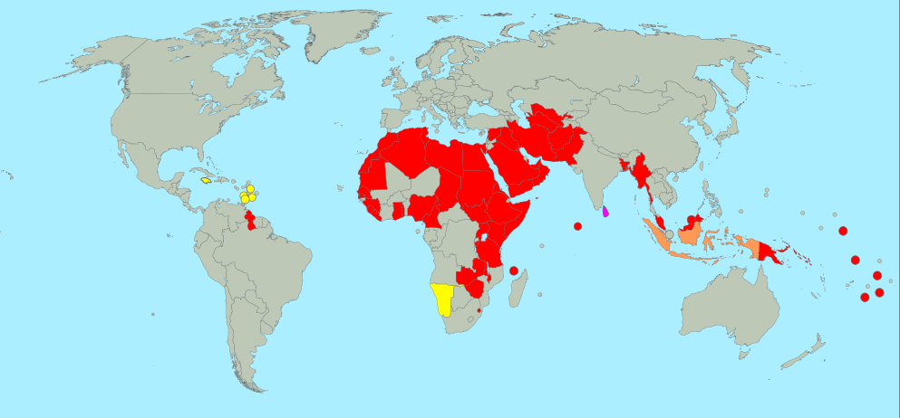 Map of the 67 countries where sexual relations between people of the same sex are illegal. YELLOW countries have sodomy laws that are currently being challenged before local courts. Sri Lanka, in PINK, currently has a bill before its parliament to repeal its sodomy law. Indonesia, in ORANGE, has laws that criminalize homosexuality only in some subnational jurisdictions. All states in RED have nationwide sodomy laws and no known efforts to remove them. 